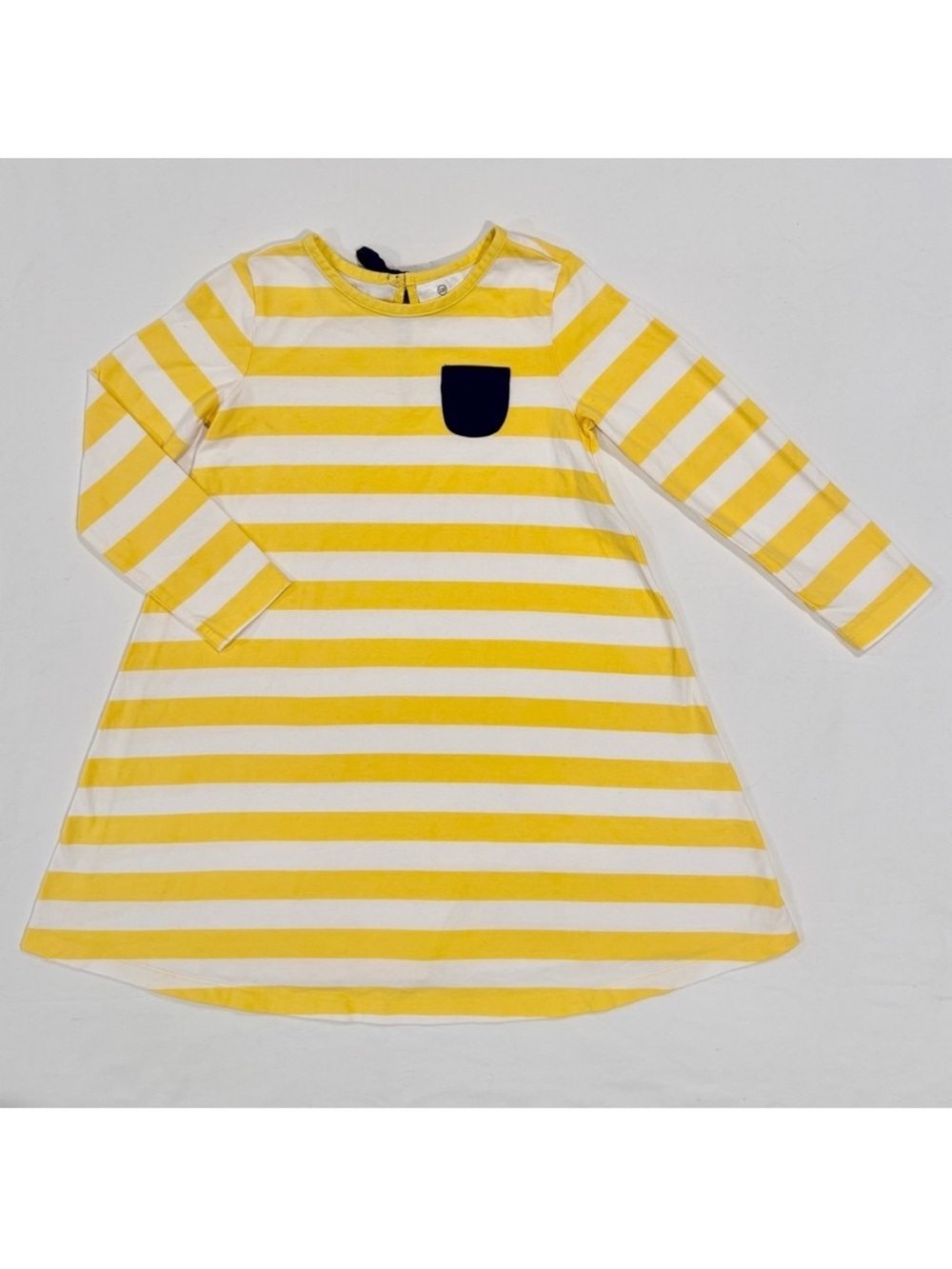 Hanna Andersson Trapeze Dress Girls 5 110cm Yellow White Striped Navy Pocket